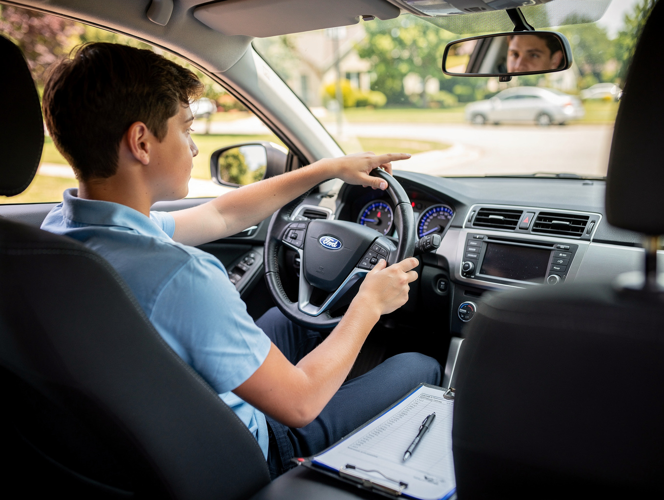 Beginner learner driver practicing safe steering with instructor Ryan